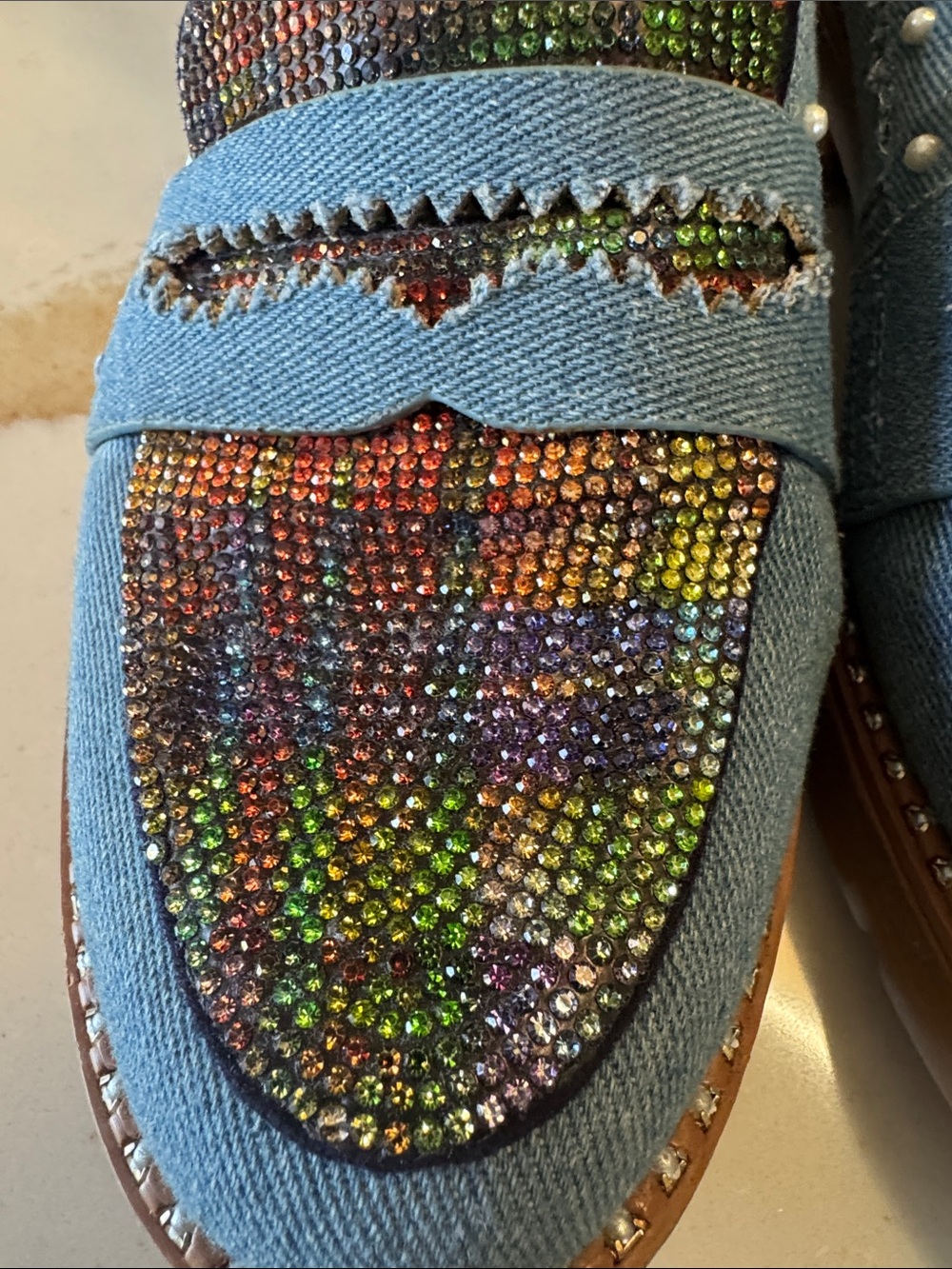 Betsey Johnson Blue Denim Loafers with Multicolor Rhinestones - Picture 3 of 5
